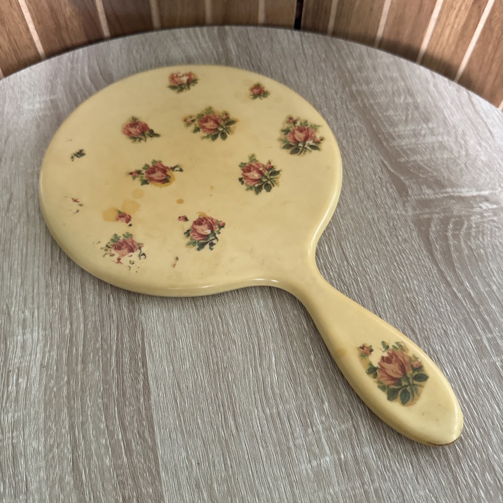 Vtg Celluloid Large Hand Held Mirror Beveled Glass Decoupage Roses Vanity Decor